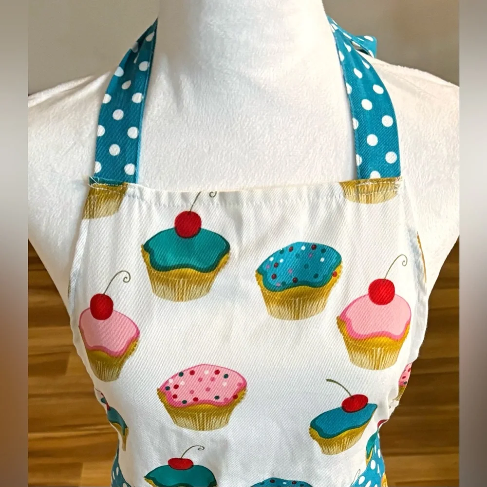 1950’s Inspired Apron, Cupcake Polka Dot with Ruffles and Cherries
